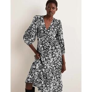 Boden Empire Midi Tea Dress Long Sleeve Black White Floral Size 16/18 Large NWT